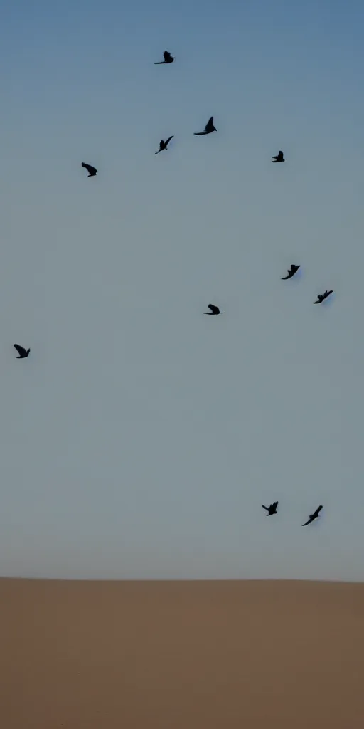 Image similar to Birds flying out of a Vase in the sand desert, 40nm, shallow depth of field, split lighting, 4k,