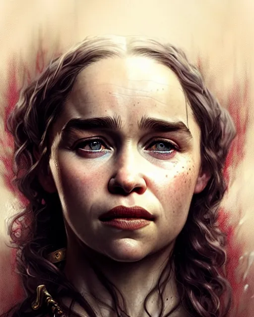 Prompt: emilia clarke pretty, character portrait, portrait, close up, concept art, intricate details, highly detailed by greg rutkowski, michael whelan and gustave dore