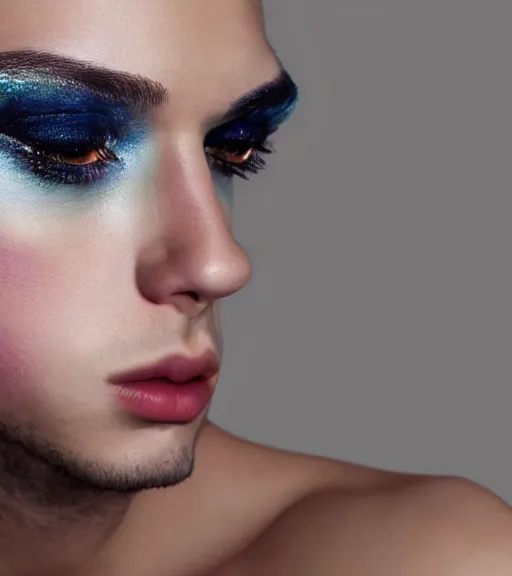 Prompt: beautiful realistic portrait of a beautiful young gay man with makeup, 4 k