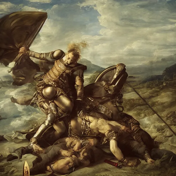 Image similar to professional photographic portrait of tom hardy as machiavel vanquished enemies strewn over the ground, renaissance style, fine art piece, incredible detail, vray rendering, high octane,