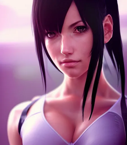 Prompt: beautiful portrait of a gorgeous personal trainer who looks like Tifa Lockhart , character design by charlie bowater, ross tran, artgerm, and makoto shinkai, detailed, soft lighting, rendered in octane