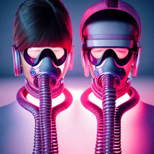 Image similar to intense futuristic bespoke vr headset respirator with long cables like dreadlocks on a set of twin humble hypebeasts, by ilya kuvshinov and james jean and sorayama and ikeuchi and hyein seo and hiroya oku and gilleard james, artstation trending, 8 k, 3 d render, photorealistic, volumetric lighting caustics, pink