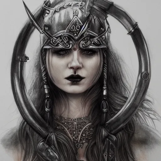 Image similar to hyper realistic pencil drawing of a goth viking princess, water color, full portrait, detailed, rim light, diffused, intricate, axe, battle, cyberpunk by anna dittmann