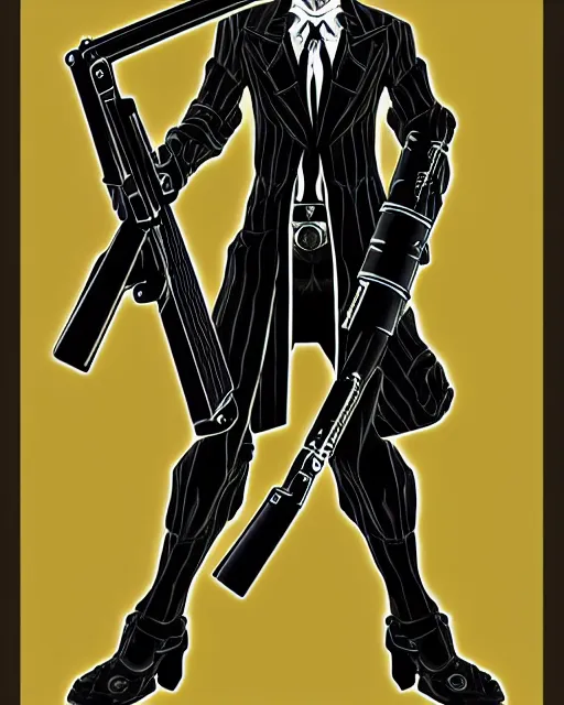 Prompt: shin megami tensei art of a demon that is a skeleton mafia gangster from 1 9 3 0 s holding a tommygun, art by kazuma kaneko, demonic! compedium!, digital drawing, law - alligned, white background, high quality, highly detailed