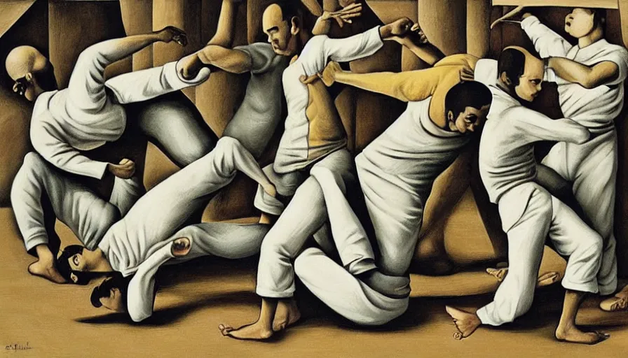 Prompt: capoeira, painting by escher