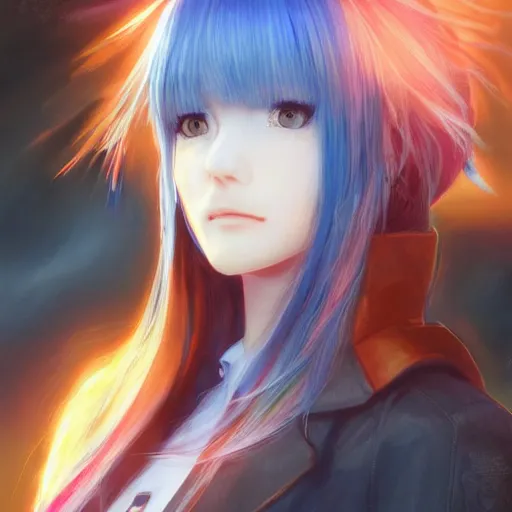 Image similar to profile shot of rimuru tempest, sky blue, straight hair, long bangs, amber eyes, wearing a black jacket!! with white stripes, high collar, highly detailed, unreal engine 5, digital painting, cinematic, wlop | artgerm, pixiv, yoshitaka amano, greg rutkowski, ilya kuvshinov, andy warhol