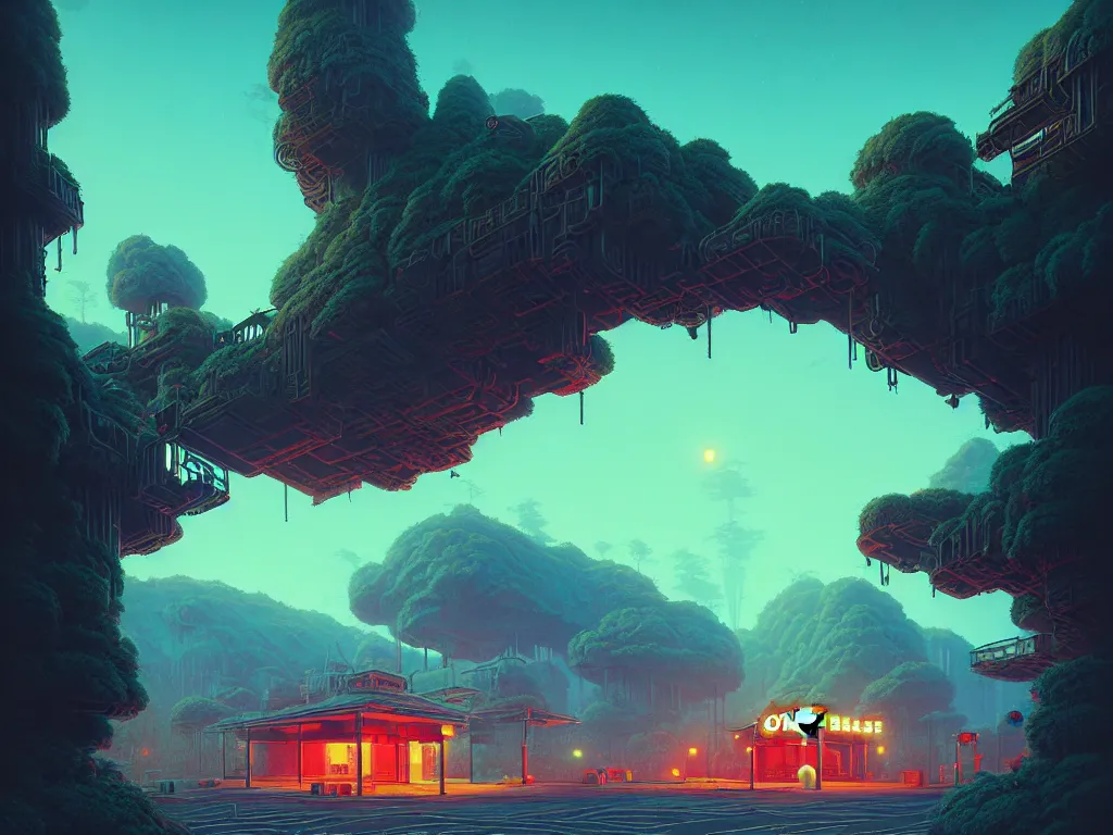 Prompt: 80s outdoor retro arcade, desolate, moody:: studio ghibli, beeple and James Gilleard and Justin Gerard :: ornate, dynamic, particulate, intricate, elegant, highly detailed, centered, artstation, smooth, sharp focus, octane render, 3d