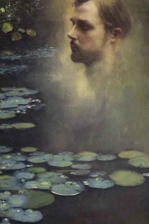 Image similar to detailed cinematic moody colors studio portrait of a young victorian gentleman in a beautiful victorian water pond, water lilies, high quality by jeremy mann, only one head single portrait