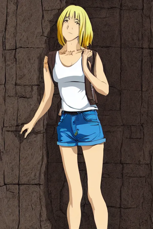 Image similar to anime style cel shaded portrait of a blonde woman, 40 years old, brown sun tanned skin, tattoos down left arm and back, wearing a charcoal vest top, white shorts and hiking boots, stood in sunshine in front of a door