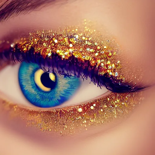 Image similar to close view of an eye of a woman with complex makeup, gems, gold, bright colors ultrawide lens, details, studio lighting, realism, complex lights