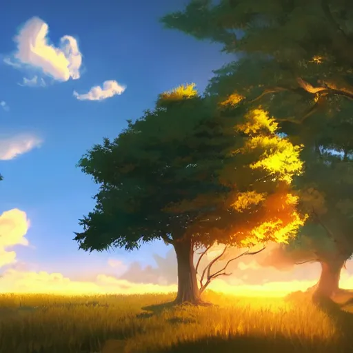 Image similar to golden hour, trees, nature, concept art, Makoto Shinkai, fabulous, 4K