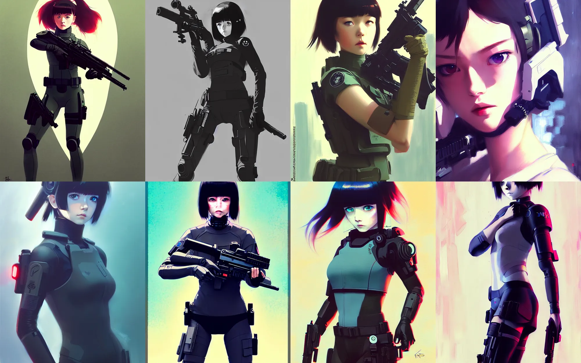 Prompt: girl wearing in tactical gear, anime, ilya kuvshinov, katsuhiro otomo, ghost in the shell, magali, artgerm, jeremy lipkin, michael garmash, rob rey