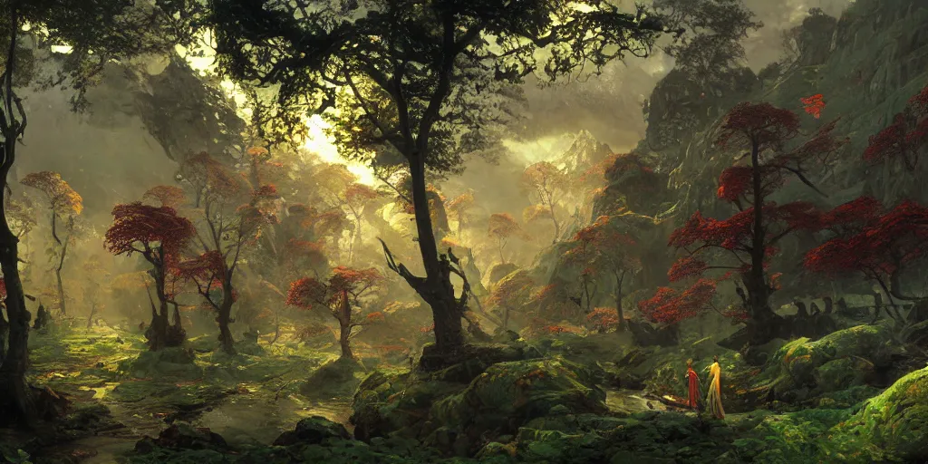 Image similar to beautiful metallic landscape metal forests trees made of metal mountains rivers red and green glossy leaves many layers waterfalls half moon villages castles, buildings artstation illustration sharp focus sunlit vista painted by ruan jia raymond swanland lawrence alma tadema zdzislaw beksinski norman rockwell tom lovell alex malveda greg staples