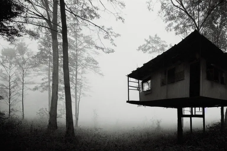 Image similar to a vintage photo of a steel-plated multi-story ramshackle hut in the forest, foggy