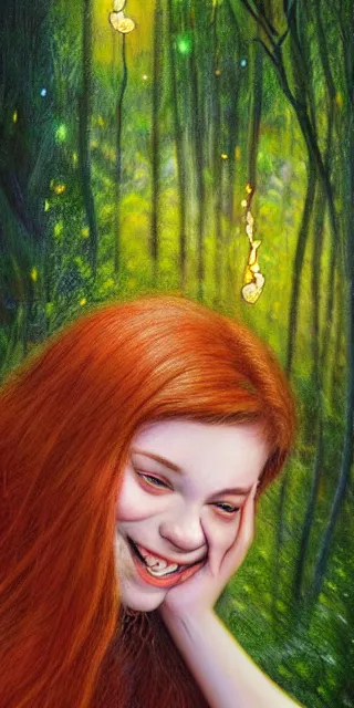 Image similar to infp young woman, smiling amazed, golden fireflies lights, sitting in the midst of nature fully covered, long loose red hair, intricate linework, bright green eyes, small nose with freckles, oval shape face, realistic, expressive emotions, dramatic lights spiritual scene, hyper realistic ultrafine art by michael cheval, jessica rossier, boris vallejo