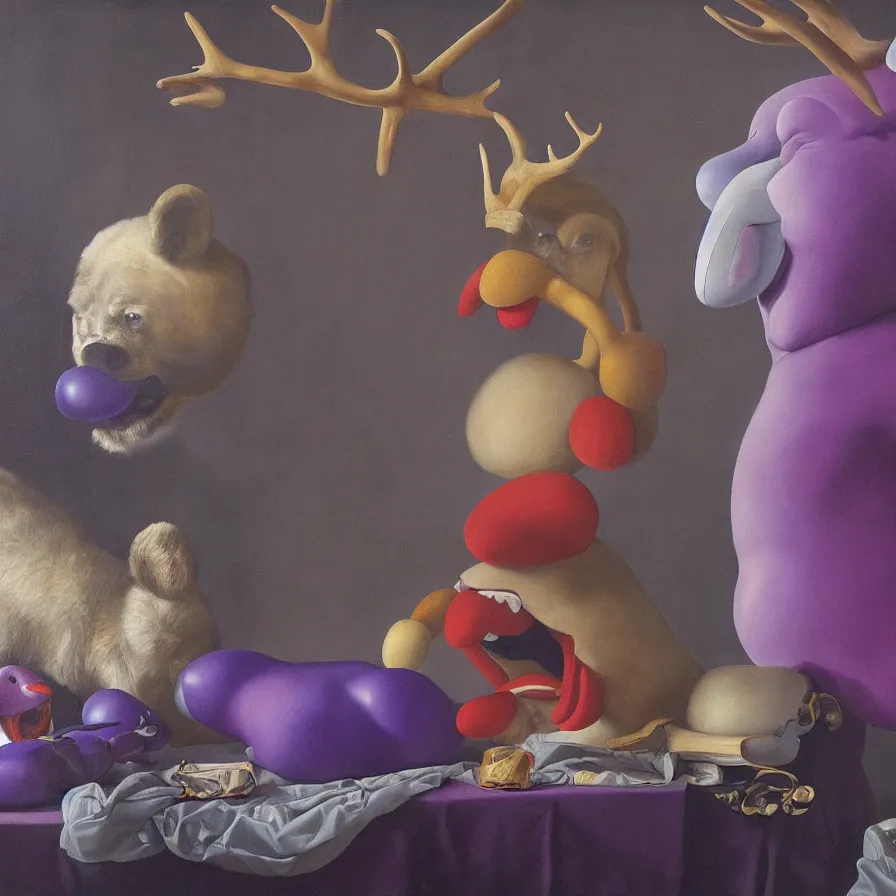 Image similar to rare hyper realistic painting by italian masters, symmetrical composition, studio lighting, dimly lit purple room, a blue rubber duck with antlers laughing at a giant laughing white bear with a clown mask