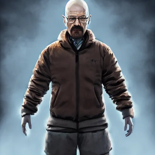 Image similar to Walter White, full body shot, menacing look, fantasy, medieval, vivid colors, elegant, concept art, sharp focus, beautiful face, digital art, Hyper-realistic, 4K, Unreal Engine, Highly Detailed, HD, Dramatic Lighting by Brom, trending on Artstation