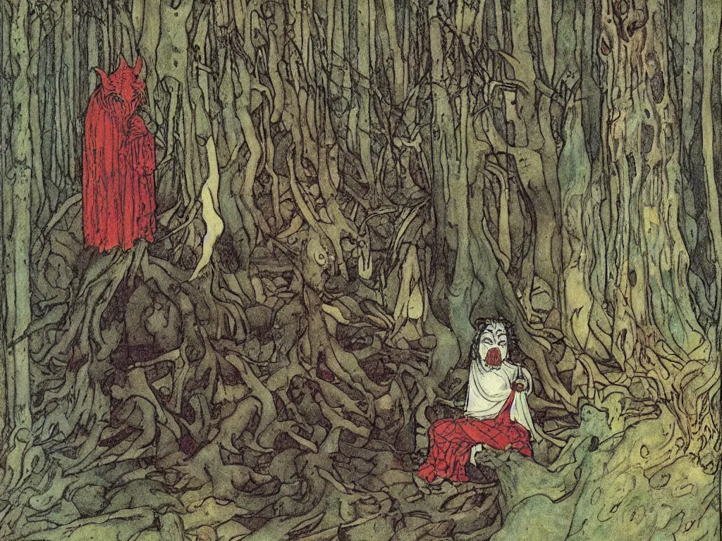 Image similar to a sad demon dressed like a harlequin, sitting in the forest on a tree stump and crying and sobbing. by Ivan bilibin and john bauer