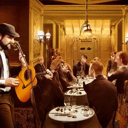 Prompt: a band playing live music at a fine dining establishment, the musicians in the band are well dressed golden retrievers, 4 k - hd digital art