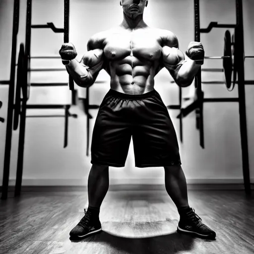 Prompt: black & white epic!!! photograph of a muscular minion in the gym, motivational poster, highly detailed, cinematic lighting, photo, award - winning photograph, professional photograph, dramatic posing, 8 k quality