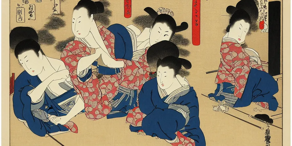 Prompt: ukiyo - e woodblock print of a geisha and a samurai inside a bedroom, by hokusai