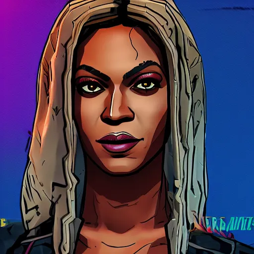 Image similar to beyonce portrait, borderlands, tales from the borderlands, the wolf among us, comic, cinematic lighting, studio quality, 8 k