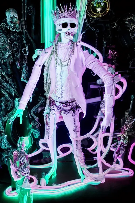 Image similar to full-body rococo and cyberpunk style neon statue of a young attractive Tanner Buchanan wearing cholo shades macho android sim roupa reclining con las piernas abertas, glowing white lasers, glowing eyes, white prince crown, black gears, diamonds, swirling mint-colored silk fabric. futuristic elements. full-length view. human skulls. large intricate artwork by caravaggio. Trending on artstation, octane render, cinematic lighting from the right, hyper realism, octane render, 8k, depth of field, 3D