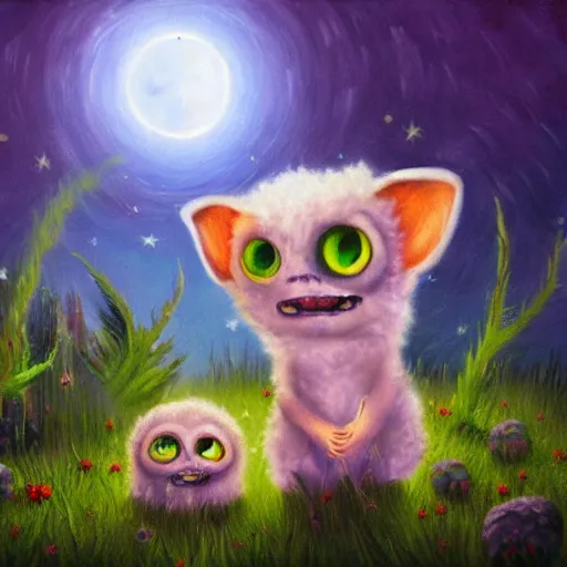 Image similar to cute fluffy aliens with big eyes and big ears in field of weird luminescent plants detailed oil painting 4 k