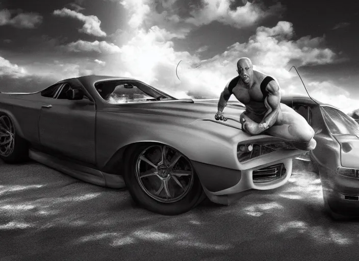 Image similar to landscape, long shot of vin diesel as saitama!!! throwing a car, hyperrealism, trending on artstation