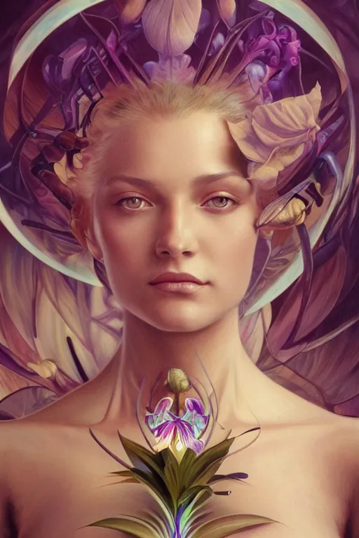 Image similar to Ultra realistic illustration, beautiful woman turning into an orchid, cyberpunk, sci-fi, fantasy, intricate, elegant, highly detailed, digital painting, artstation, concept art, smooth, sharp focus, illustration, art by artgerm and greg rutkowski and alphonse mucha, rene magritte, surrealism