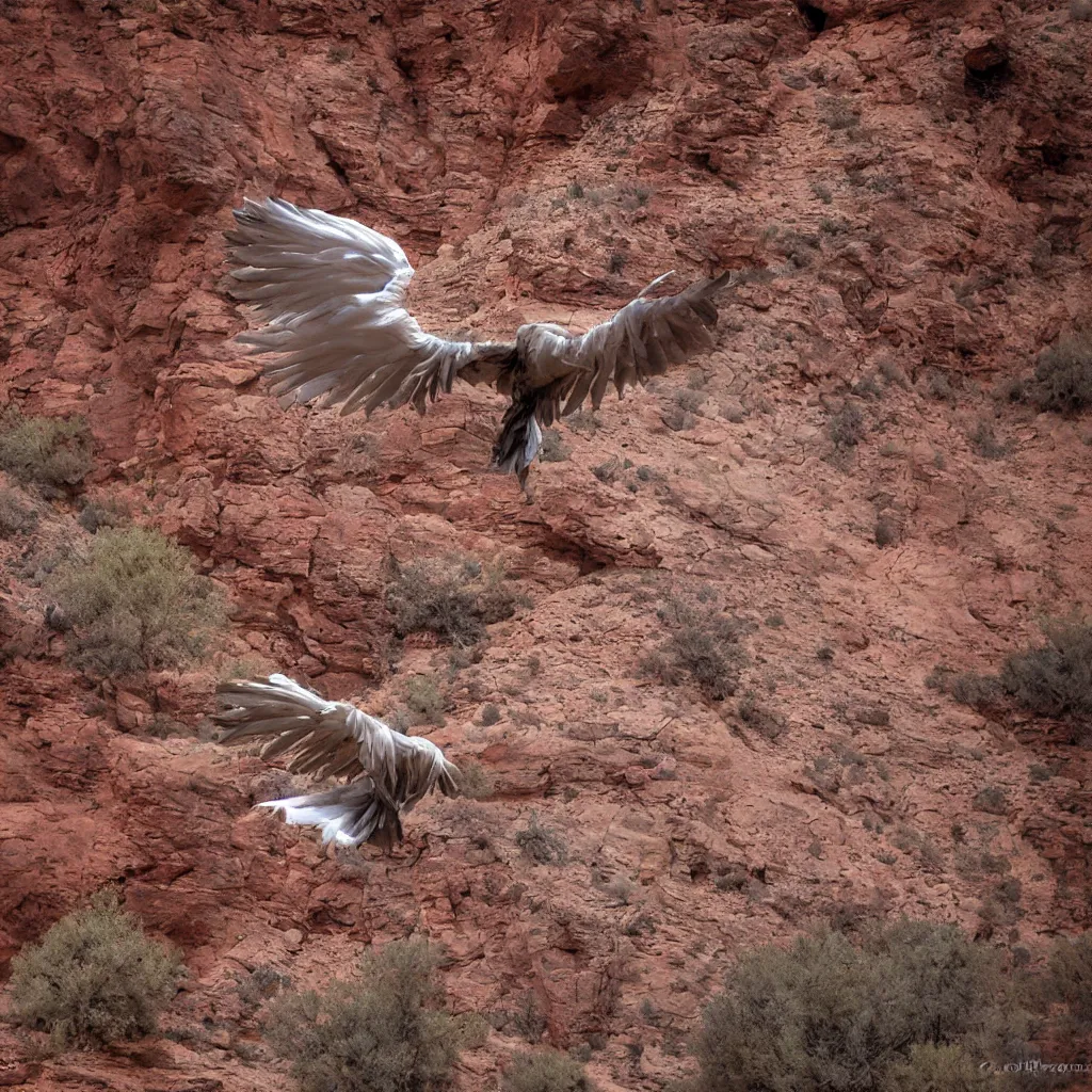 Prompt: feathered flying snake flying through a shot canyon, Utah, light rays, ambient occlusion