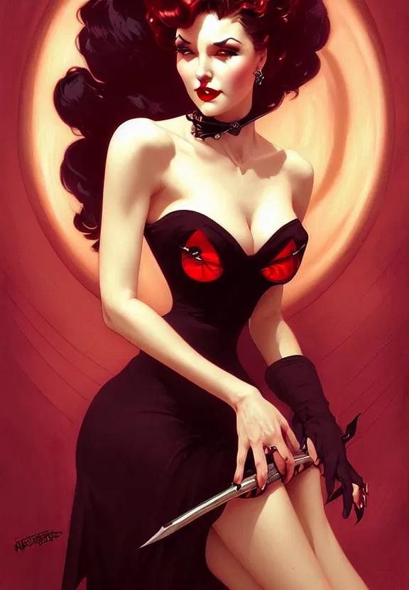 Image similar to elegant pin-up vampire at 50’s style diner, fantasy magic, dark light night, intricate, elegant, sharp focus, illustration, highly detailed, digital painting, concept art, matte, art by WLOP and Artgerm and Greg Rutkowski and Alphonse Mucha, masterpiece