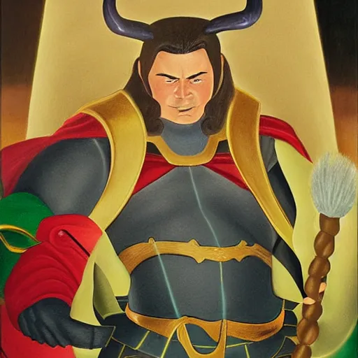 Image similar to Fernando Botero painting of MCU's Loki with his mighty staff, high definition art, extremely detailed