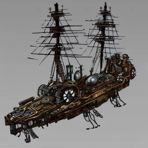 Image similar to future cybernetic steampunk pirate ship with robotic arms concept art