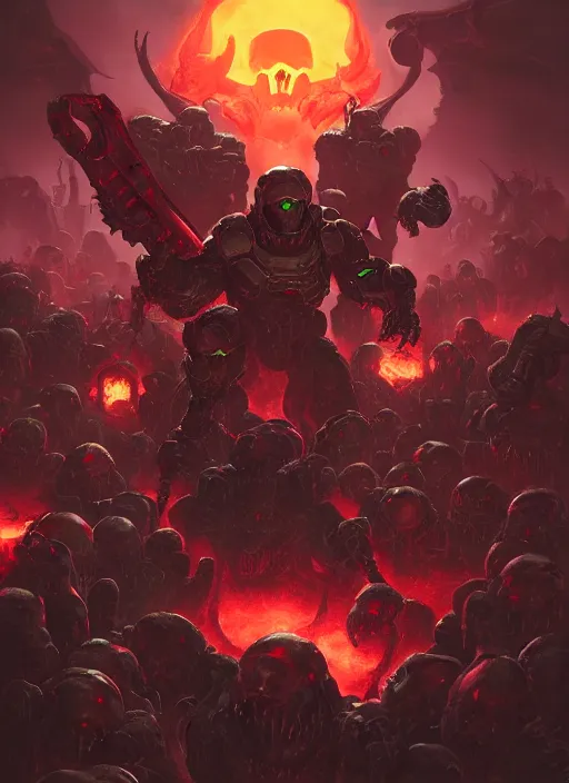 Image similar to ( doom ) cover featuring doom slayer!! doom marine!! surrounded by demons, by kenneth scott, artstation, vivid gaze