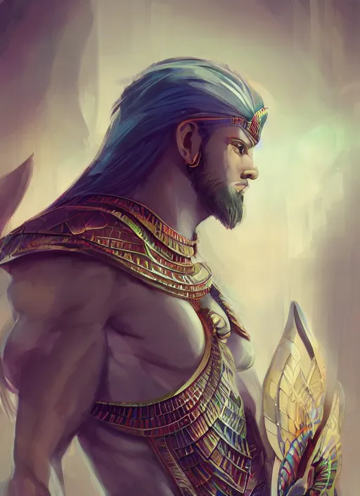 Image similar to detailed beautiful cool male character art depicting a god, egyptian, concept art, depth of field, on amino, by sakimichan patreon, wlop, weibo, bcy. net, colorhub. me high quality art on artstation.