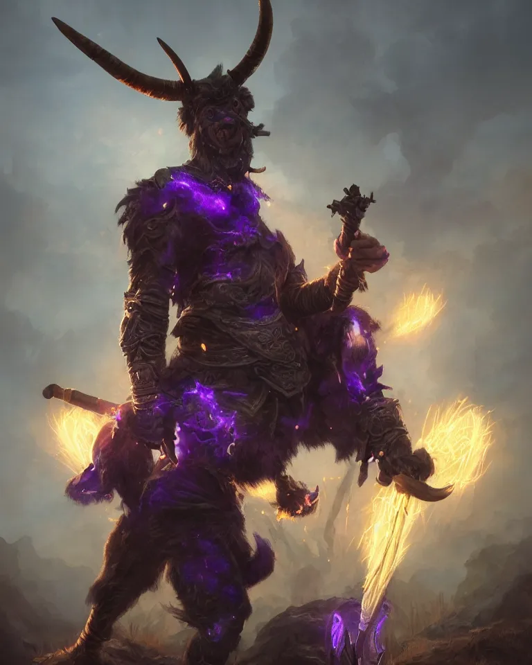 Prompt: portrait of a fantasy barbarian minotaur with giant horns, golden nose ring, purple fungal organic prosthetic arm, wielding an axe with a bone handle, glowing aura, 4 k, concept art, matte painting, greg rutkowski, artstation