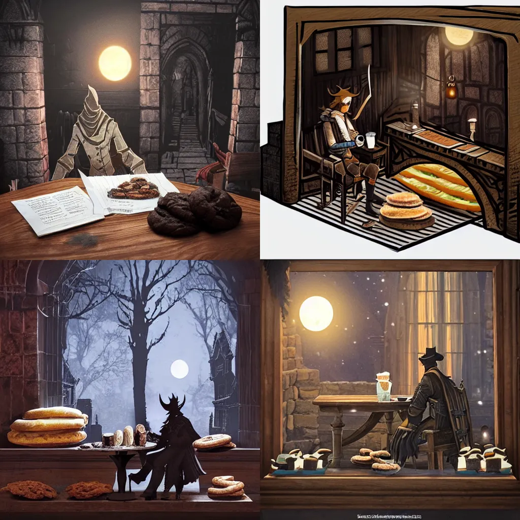 Prompt: papercraft of a bloodborne hunter relaxing in a cozy yharnam coffee shop, surrounded by bread, cookies, and pastry, moonlight streaming through the window