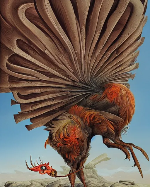 Prompt: digital painting of an angry and ominous mechanical rooster, by wayne barlowe and bob pepper and salvador dali, dieselpunk, highly detailed, intricate, sharp focus, portrait, talons, anatomy, beak, wings