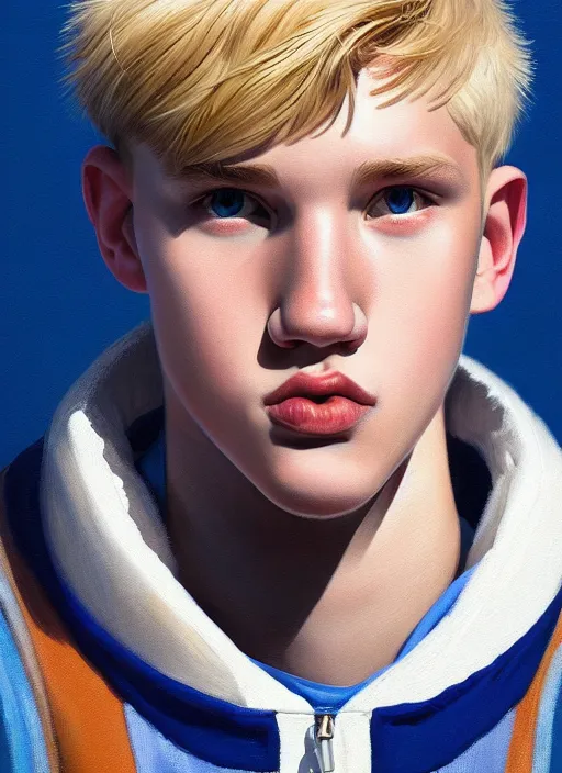 Image similar to portrait of high school senior boy named big moose, blonde short hair, jock, beefy, wide face, square jaw, square facial structure, blue varsity jacket with letter r, intricate, elegant, glowing lights, highly detailed, digital painting, artstation, concept art, sharp focus, illustration, art by wlop, mars ravelo and greg rutkowski