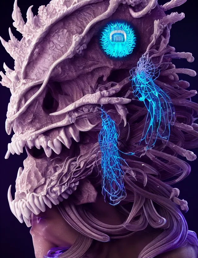 Image similar to render of goddess macro close - up portrait with crown made of phoenix ram skull. betta fish, jellyfish phoenix, bioluminiscent, plasma, ice, water, wind, creature, super intricate ornaments artwork by tooth wu and wlop and beeple and greg rutkowski