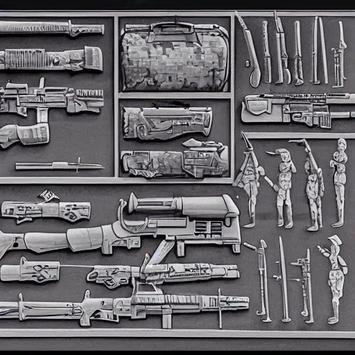 Prompt: plastic toy doll next to weapons, hand grenades, rpg, by greg hildebrandt, detailed linework