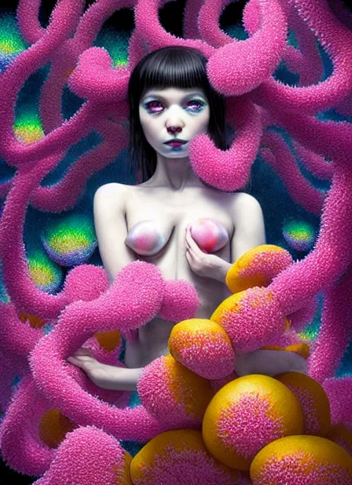 Image similar to hyper detailed 3d render like a Oil painting - kawaii portrait Aurora (black haired Fae acrobat) seen Eating of the Strangling network of yellowcake aerochrome and milky Fruit and Her delicate Hands hold of gossamer polyp blossoms bring iridescent fungal flowers whose spores black the foolish stars by Jacek Yerka, Mariusz Lewandowski, Houdini algorithmic generative render, Abstract brush strokes, Masterpiece, Edward Hopper and James Gilleard, Zdzislaw Beksinski, Mark Ryden, Wolfgang Lettl, hints of Yayoi Kasuma, octane render, 8k