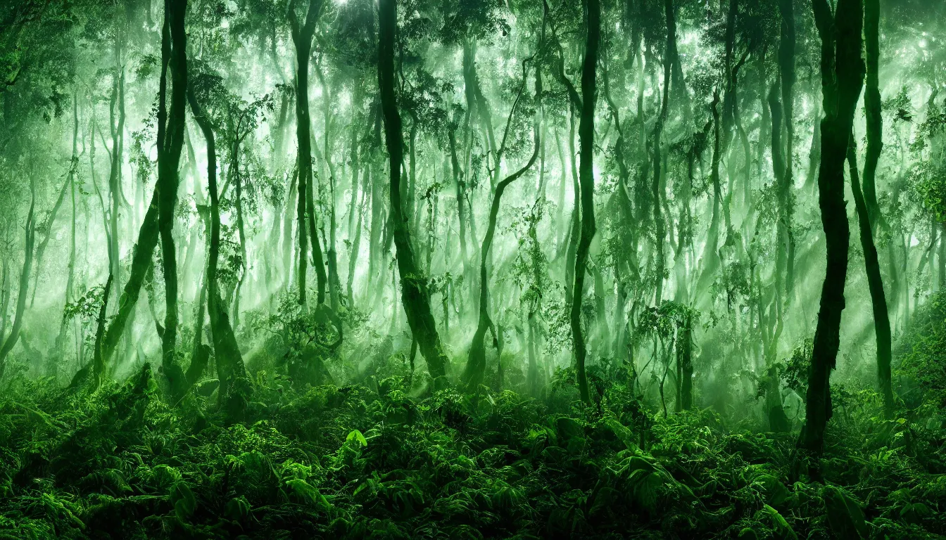 Prompt: deep jungle forest realm biodiversity , swirling clouds of magical mist through the trees , small patches of land floating between the tree trunks, dramatic dusk sun illuminates areas , volumetric light , detailed entangled roots carpet the forest floor ,rich emerald color , upscale , 8k