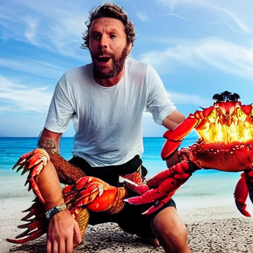 Prompt: jovanotti fighting a giant flaming enemy crab on a beach