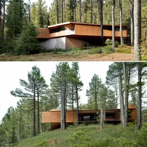 Image similar to a modern house in the woods, surrounded by pine trees. the house is the shape of a mobius strip with large picture windows.