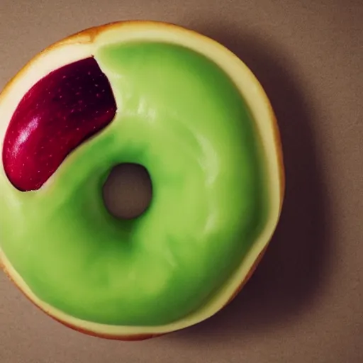 Prompt: Perfectly circular donut!!!!! in the style and shape of an apple!!!!!!, blended colors!!!!!, trending on artstation, 4k, 8k, professional photography, overhead shot, 35mm lens