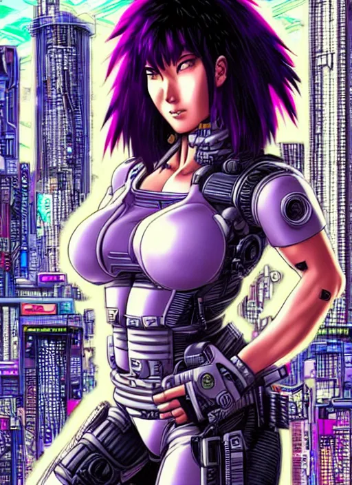 Image similar to motoko kusanagi in grungy cyberpunk megacity, intricate and finely detailed, cyberpunk vaporwave, portrait by j scott campbell