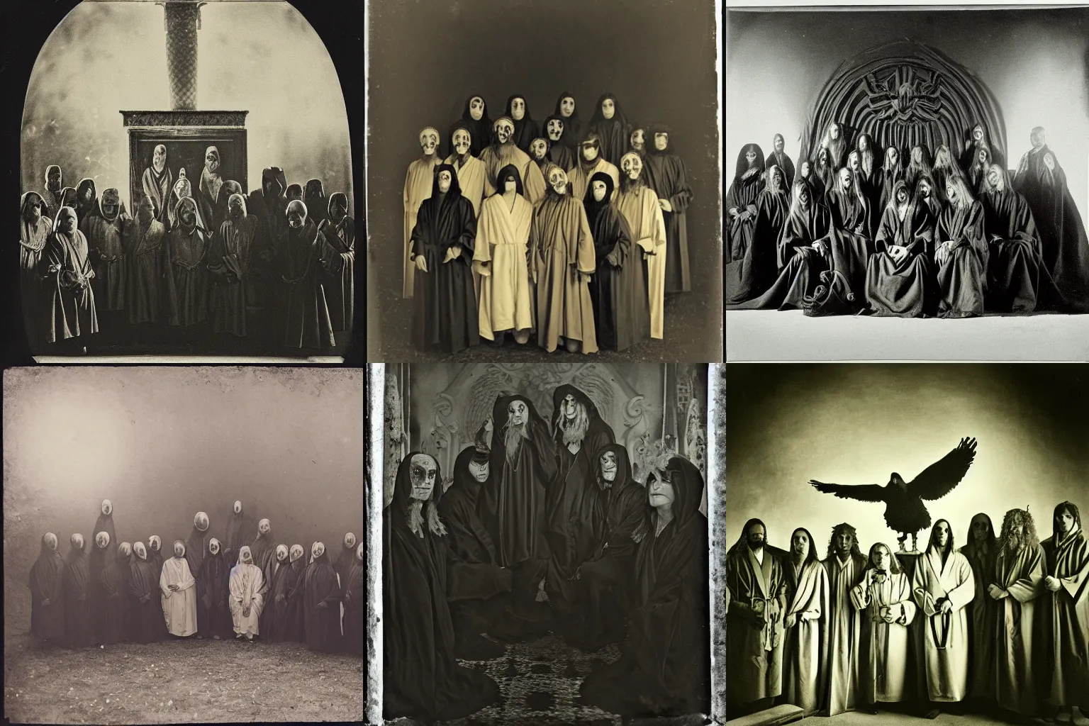 Prompt: old black and white daguerreotype 35mm photograph of cult members, wearing robes, summoning a large crow demon, realistic, ornate, intricate, ominous, golden ratio, scary, epic lighting