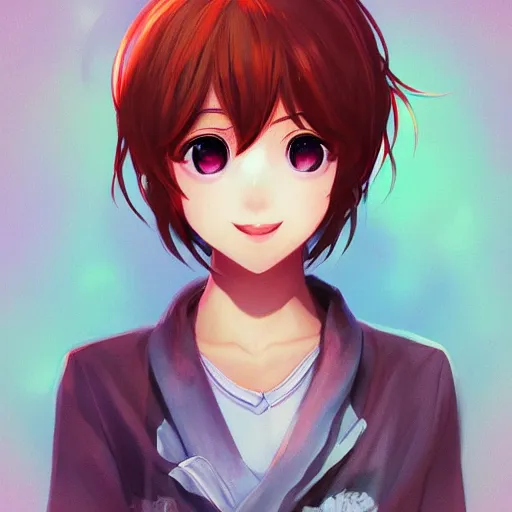 Image similar to portrait of Sayori from DDLC, detailed facial features, optimistic colors, bright eyes, warm smile, delicate, by artgerm